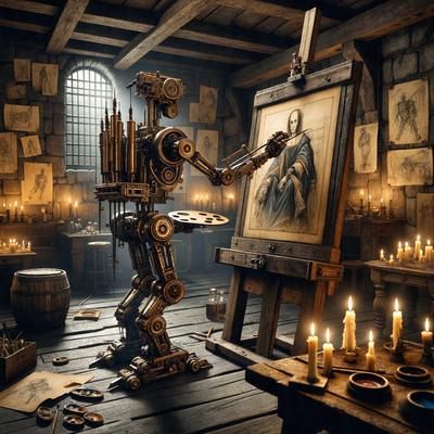 The primary subject of the image is a robot, which is standing in front of a painting. The robot is positioned in a way that it appears to be painting the picture. The setting is a room with a wooden floor, and the visual style is a combination of digital art and illustration. The colors and mood of the image are dark and moody, with the presence of candles adding to the atmosphere.